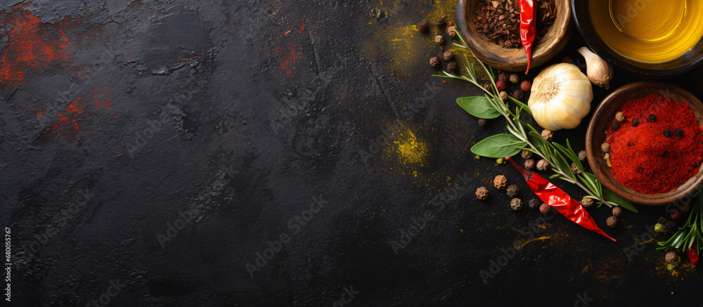 Olive oil, balsamic vinegar, mortar and pestle with various colorful spices on dark grunge background with space for text, top view. Cooking, healthy or vegetarian eating concept. Top view - obrazy, fototapety, plakaty 