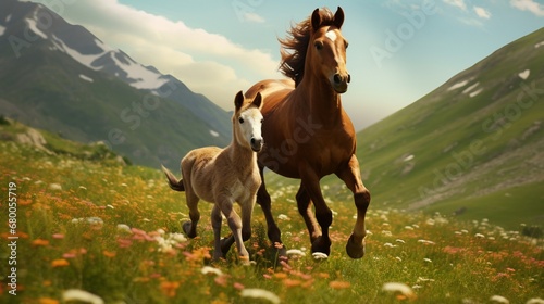 A horse and its foal enjoy a playful gallop through the lush pastures. photo