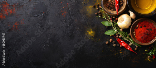 Olive oil, balsamic vinegar, mortar and pestle with various colorful spices on dark grunge background with space for text, top view. Cooking, healthy or vegetarian eating concept. Top view