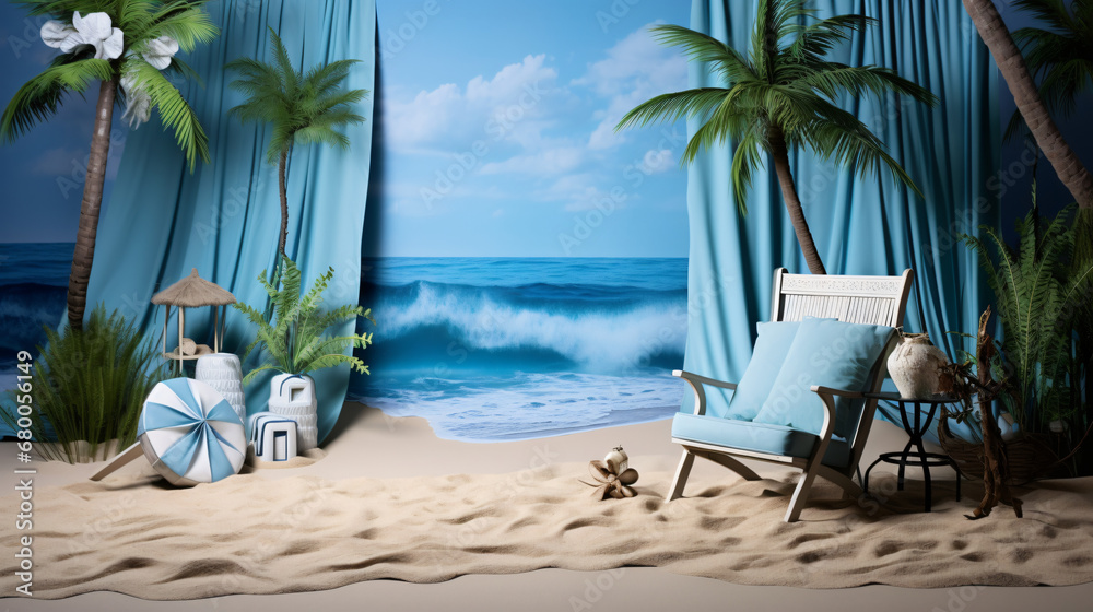 Studio photo shoot with beach themed backdrop ideal