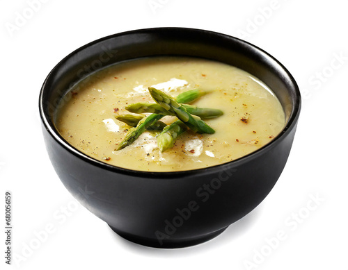 asparagus soup isolated kn bowl on white background, cutout