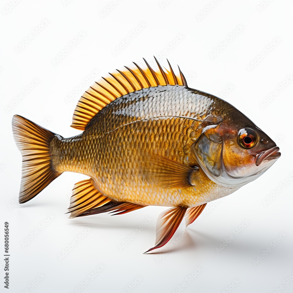 Sunfish Splendor Bluegill's Shimmering Scales Against a Crisp White Background, generative ai Sunfish Splendor Bluegill's Shimmering Scales Against a Crisp White Background, generative ai