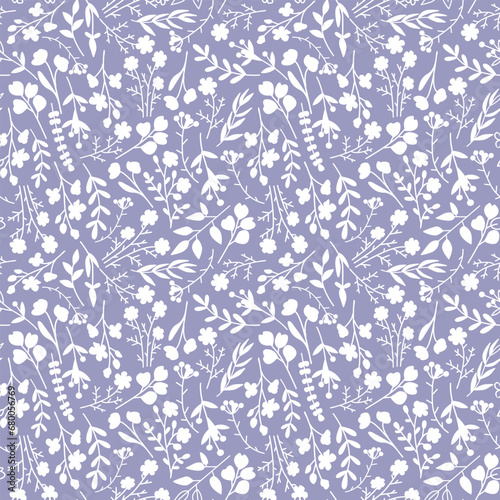 Seamless pattern with vector doodle floral graphic elements. Hand drawn white botanical flowers,  plants and branches illustrations on lilac background.