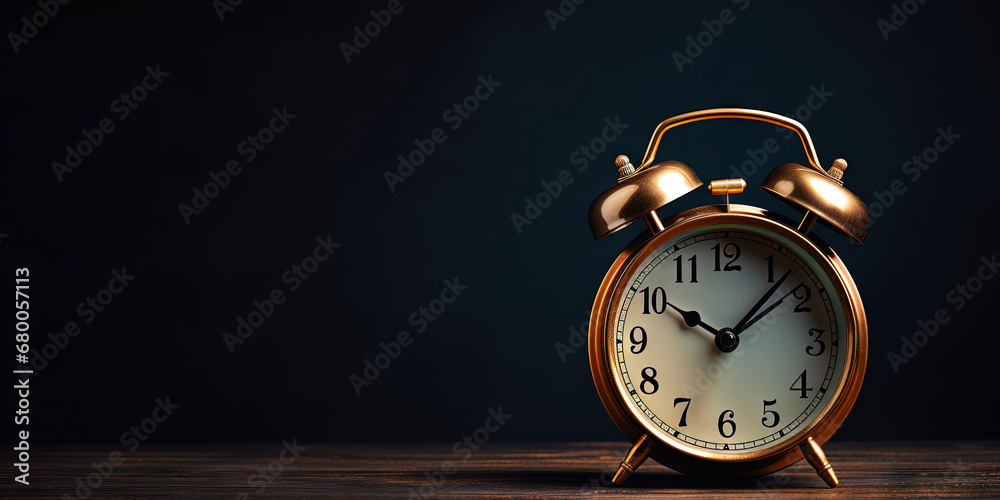 Retro alarm clock on dark interior background. Time to work or get up concept. Generative AI Retro alarm clock on dark interior background. Time to work or get up concept. Generative AI