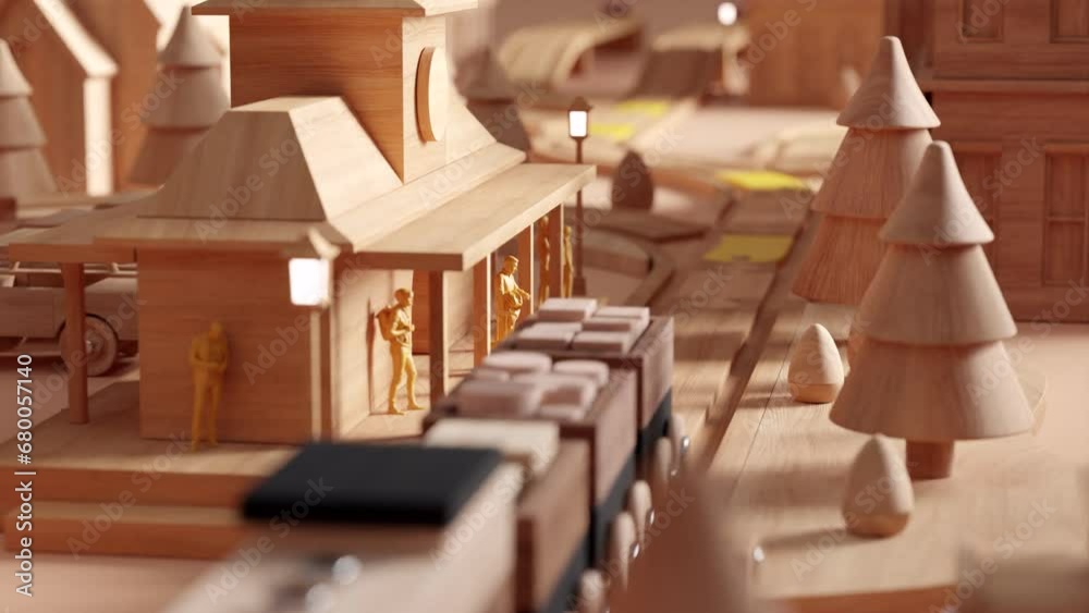 Relaxing wooden toy trains travelling in a cozy miniature town. Satisfying wooden toy train video. 3d rendering