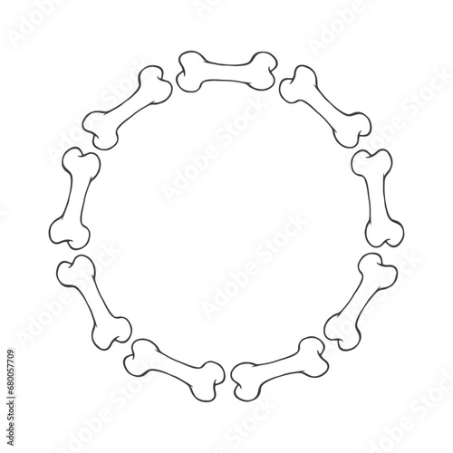 Logo lineal de comida para perros. Icono con marco circular de contorno de huesos para perro