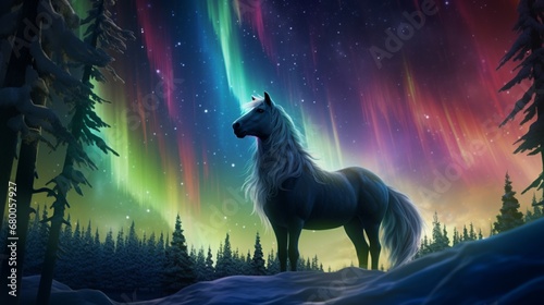 a mesmerizing spectacle where the amazing forest horse's mane shimmers with the colors of the aurora borealis.