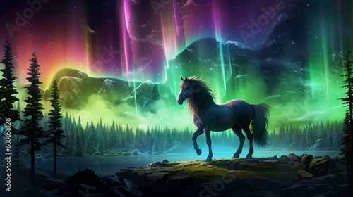a mesmerizing spectacle where the amazing forest horse's mane shimmers with the colors of the aurora borealis.