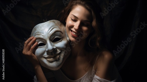 Woman and her mask of joy, sadness, laughter, tears