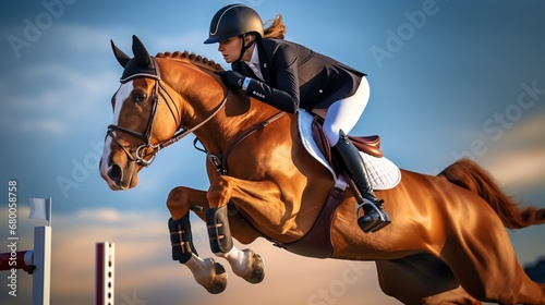 A rider confidently clears a challenging jump in the show jumping course.