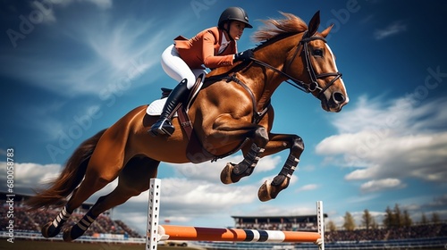 A rider confidently clears a challenging jump in the show jumping course.