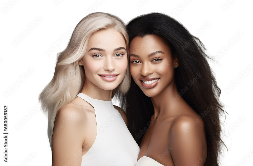 The girl's models show health in a white T-shirt and shirt. Women people advertising cosmetics skin care products, different nationalities, look into the camera. Transparent isolated background. The girl's models show health in a white T-shirt and shirt. Women people advertising cosmetics skin care products, different nationalities, look into the camera. Transparent isolated background.