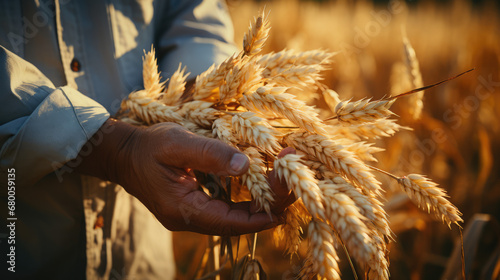 a farmer closely inspects wheat in a field