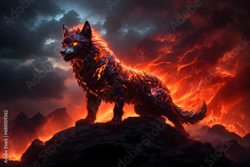  image of a fire burning wolf standing on a rock in the background