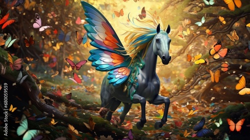 a scene where the amazing forest horse is surrounded by a kaleidoscope of butterflies in a sun-dappled glade.