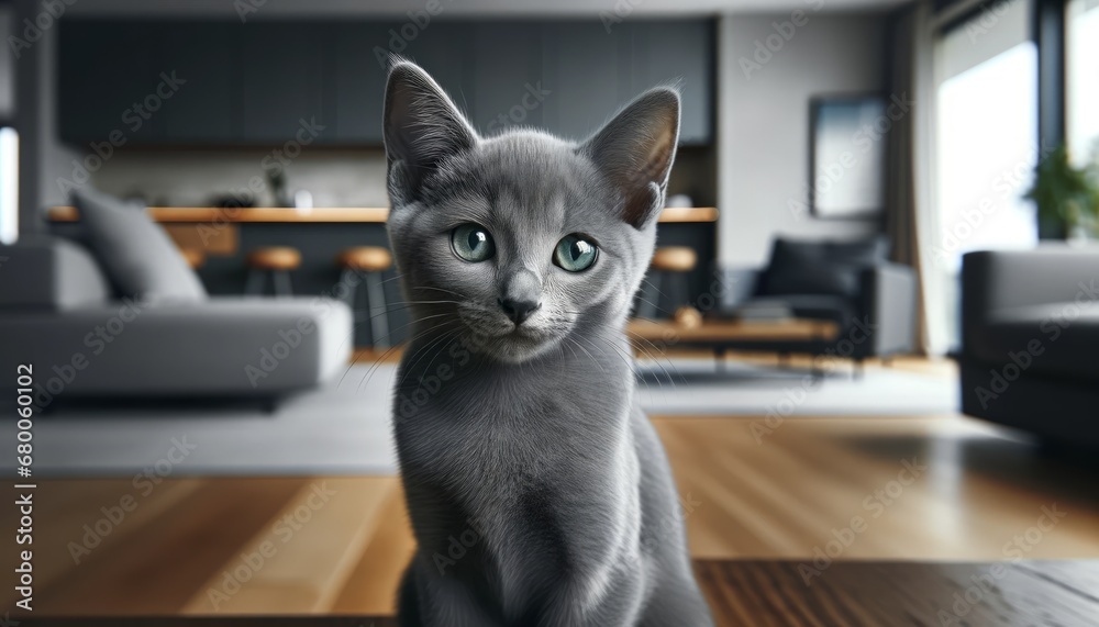 Close-up photograph of a Russian Blue kitten (Felis catus) in a contemporary setting, showcasing short, blue-gray fur and green eyes.
