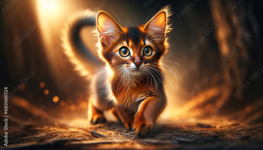 Close-up photograph of a Somali kitten (Felis catus) outdoors, showcasing a long bushy tail and ruddy ticked coat.
Close-up photograph of a Somali kitten (Felis catus) outdoors, showcasing a long bushy tail and ruddy ticked coat.