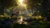 a scene where the amazing forest horse is surrounded by playful, woodland creatures in a shimmering meadow.
