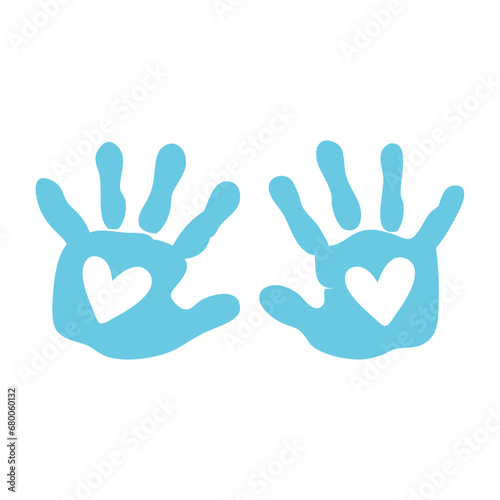 Anuncio de llegada de bebé niño. Palmas de niño. Silueta de huella de manos color azul con corazón en espacio negativo para su uso en invitaciones y tarjetas