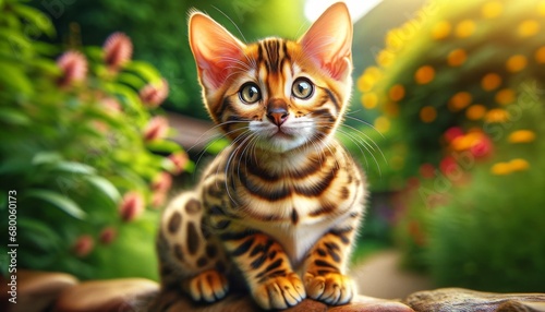 Close-up photograph of a Bengal kitten (Felis catus) outdoors, showcasing leopard-like rosettes and golden-brown fur. 