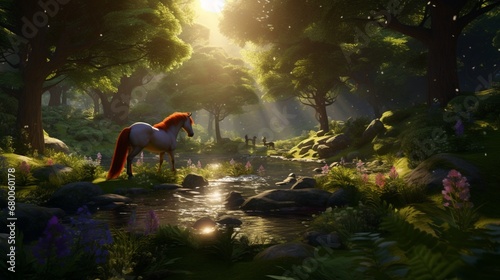 a scene where the amazing forest horse is surrounded by playful, woodland creatures in a shimmering meadow. © Muzamil