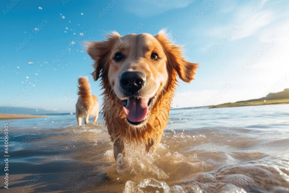 Cute Golden Retriever dog running on the beach happy, having fun in the water, looking into camera, splashing, enjoying summer holiday