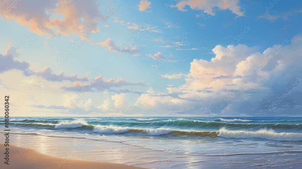 Fototapeta premium Sea waves, beach sand, beautiful sky