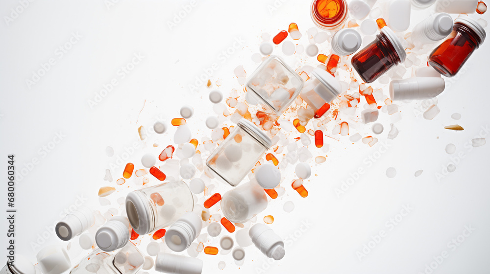 Prescription medicine drug pills scattered on white countertop addiction opioid epidemic crisis painkiller benzodiazepine  - obrazy, fototapety, plakaty 