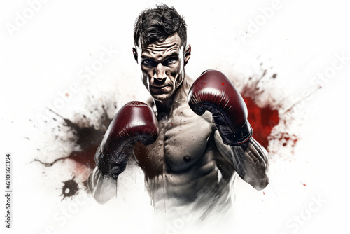  illustration of boxer with an aggressive look in boxing gloves on white background with splashes