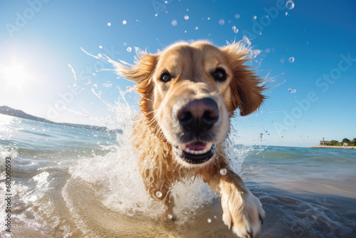 Cute Golden Retriever dog running on the beach happy, having fun in the water, looking into camera, splashing, enjoying summer holiday