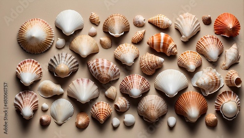 A collection of seashells arranged neatly on a solid sand-colored background. Generative AI