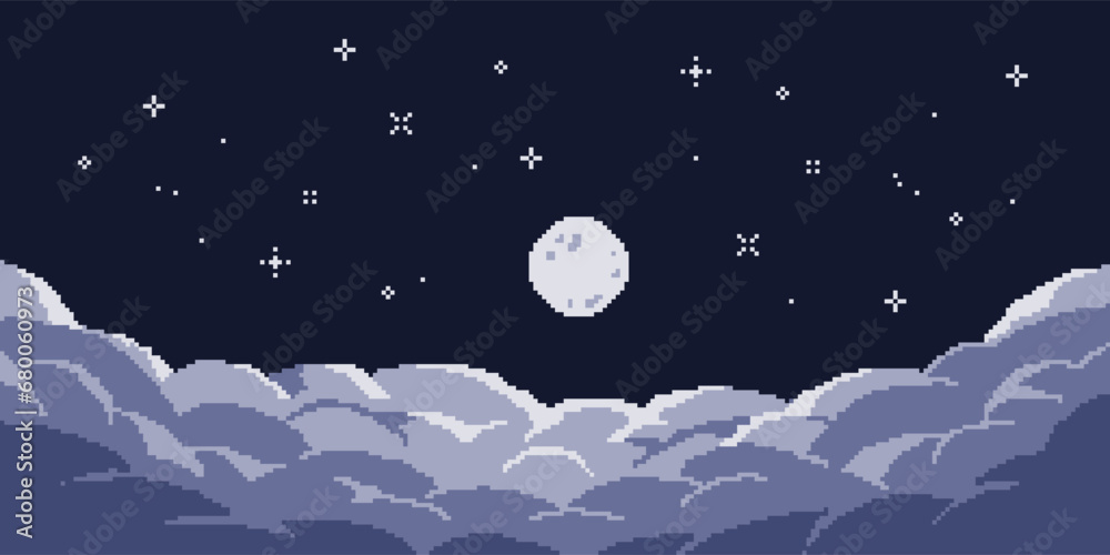 Cloudy night sky pixel art. Trendy background with stars for video game ...