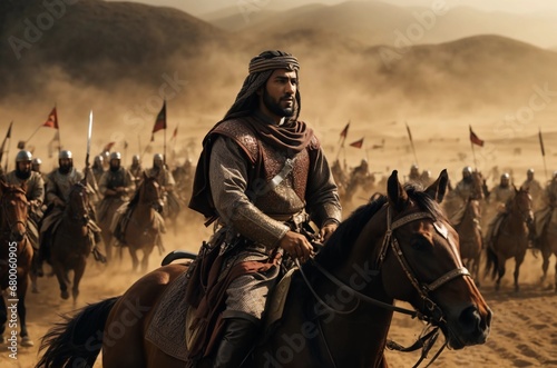 A Muslim commander on horseback, brandishing a raised sword, leads a cavalry charge with a trailing army of horsemen