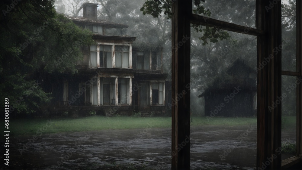 The heavy rain pounds against the windows of an old, abandoned mansion, the only sound in an otherwise silent and eerie landscape. The storm seems to have a life of its own.