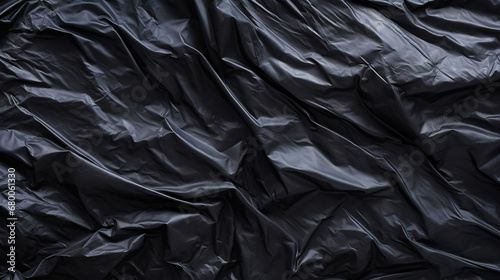 Black wrinkled plastic wrap texture. Crumpled dark thin plastic background. Generative AI