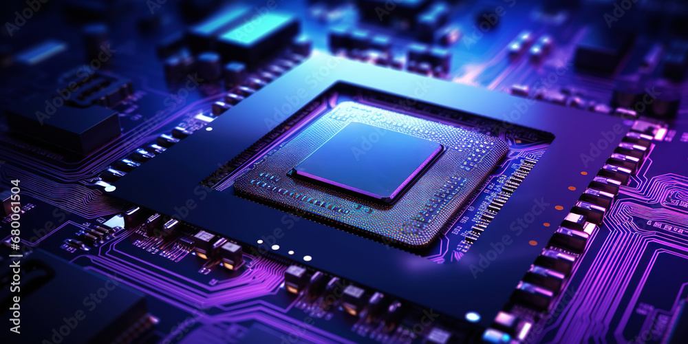 Heart of the Machine: Microprocessor in Purple Glow. Motherboard concept. Generative AI Heart of the Machine: Microprocessor in Purple Glow. Motherboard concept. Generative AI