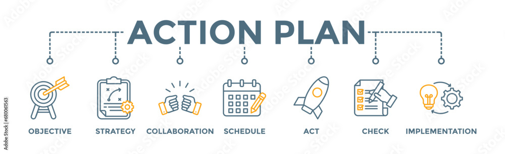 Action plan banner web icon vector illustration concept with icon of objective, strategy, collaboration, schedule, act, launch, check, and implementation Action plan banner web icon vector illustration concept with icon of objective, strategy, collaboration, schedule, act, launch, check, and implementation