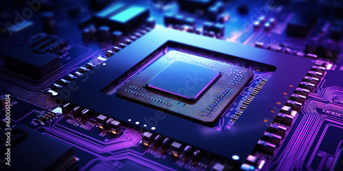 Heart of the Machine: Microprocessor in Purple Glow. Motherboard concept. Generative AI