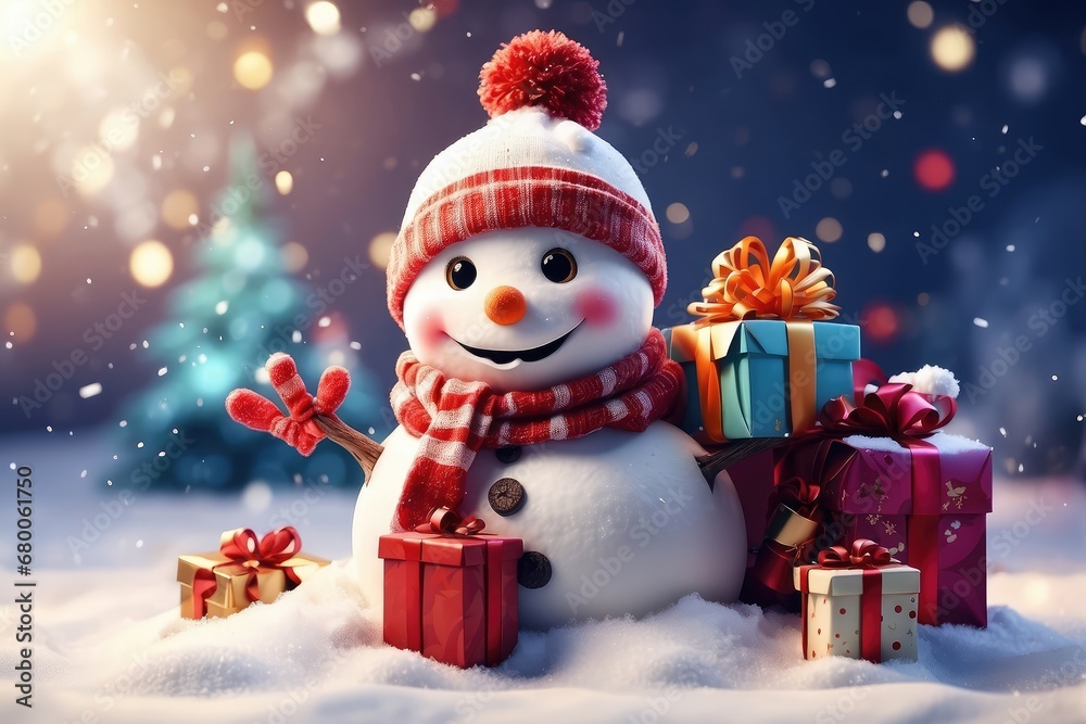 Snowman with gifts in snow background, Christmas atmosphere, Snowman with gifts in snow background, Christmas atmosphere,