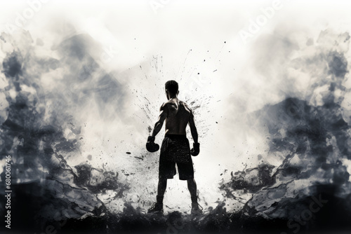 illustration full length of black and white silhouette of boxer in boxing gloves isolated art background photo