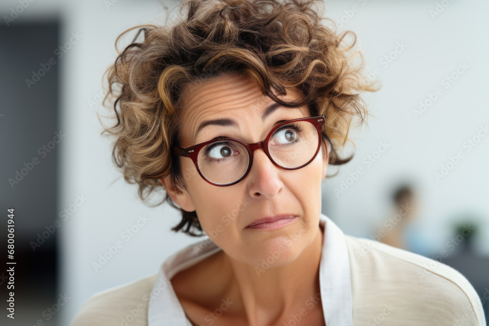 Mature business woman thinking and planning next project. Wonder, problem solving and professional female designer with doubt over design Mature business woman thinking and planning next project. Wonder, problem solving and professional female designer with doubt over design