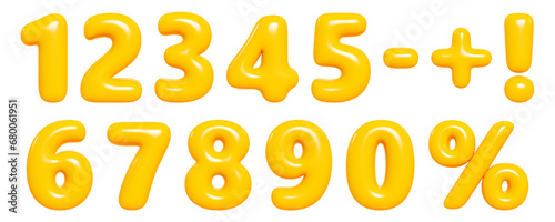 Number 3d set. Render illustration of cartoon yellow glossy inflatable balloon numbers and sign. photo