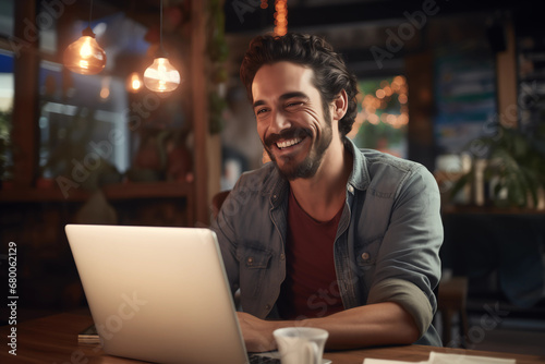 cheerful freelancer working on a laptop in a cozy cafe setting