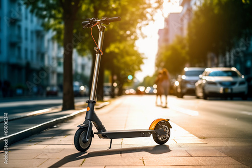 electric kick scooter parked on a sunny city sidewalk photo