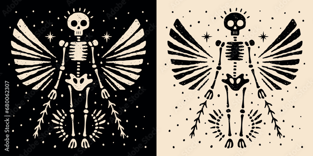 Angel skeleton illustration for witchy gothic Christmas decorations. Creepy holiday season ornament. Vintage dark academia aesthetic scary esoteric decor. Minimalist vector for printable products. - obrazy, fototapety, plakaty 