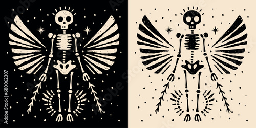 Angel skeleton illustration for witchy gothic Christmas decorations. Creepy holiday season ornament. Vintage dark academia aesthetic scary esoteric decor. Minimalist vector for printable products.