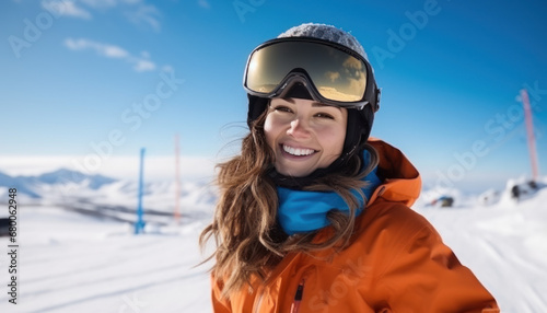 jeune femme en tenue de surf sur les pistes de ski en hiver sous la neige