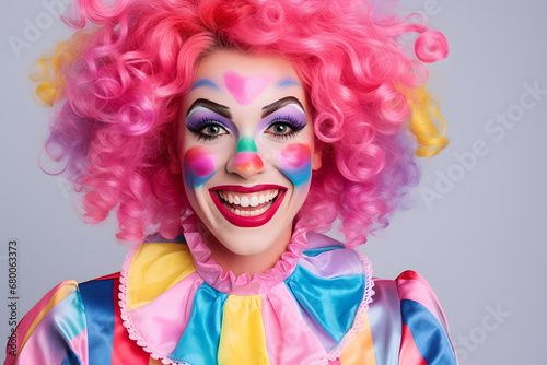 Smiling woman dressed up with colorful clown costume with pink curly wig and face paint in front blue background