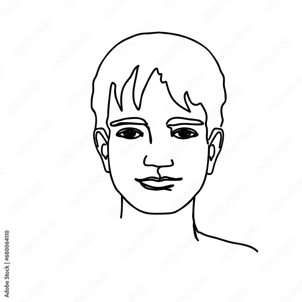  line drawing boy face. male linear portrait. Outline kid avatar