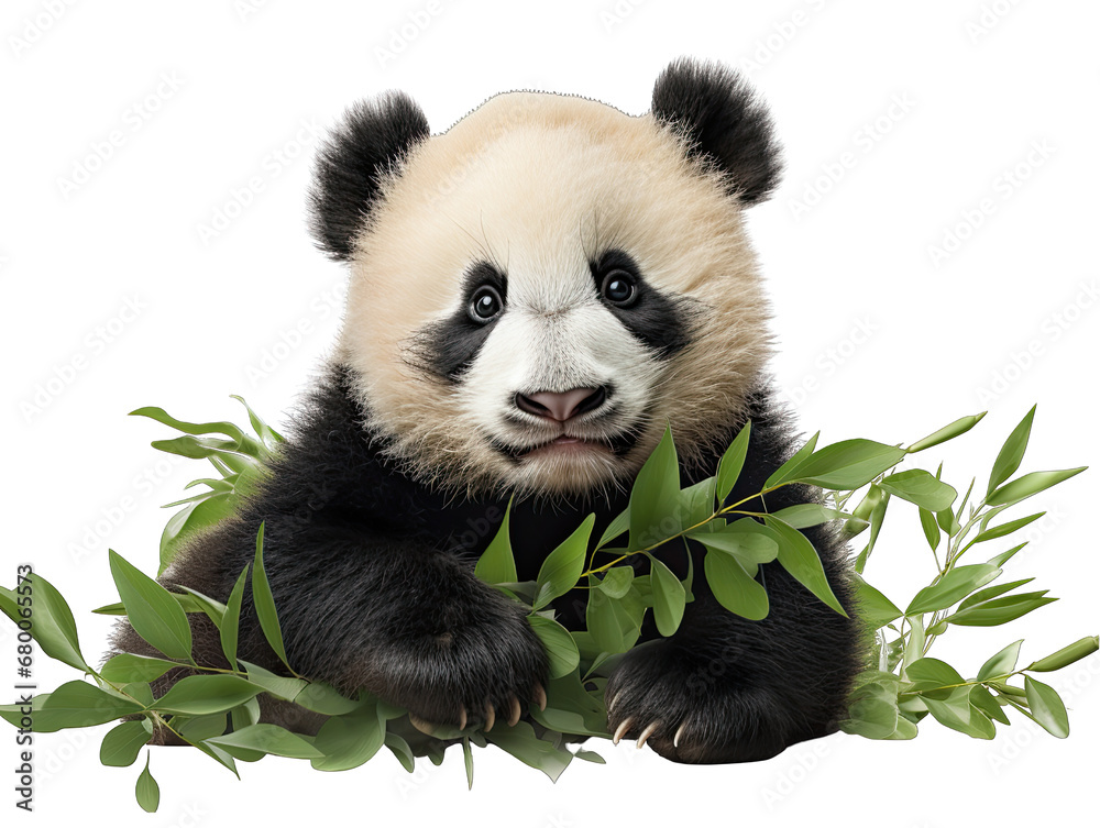 Fototapeta premium Baby Panda Munching on Bamboo Isolated on Transparent or White Background, PNG